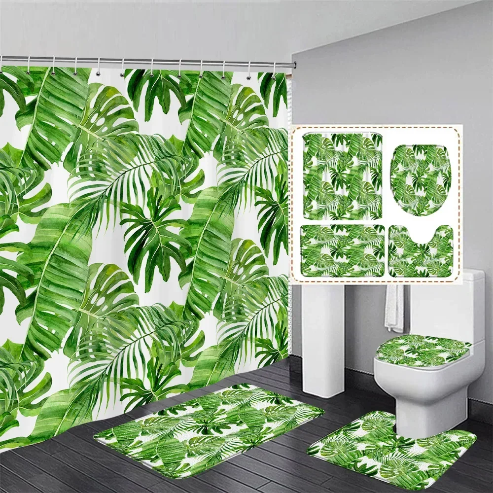 Tropical Leaves Shower Curtain Set Watercolour Plant Monstera Green Leaf Home Bathroom Decor Floor Rug Bath Mat Toilet Lid Cover