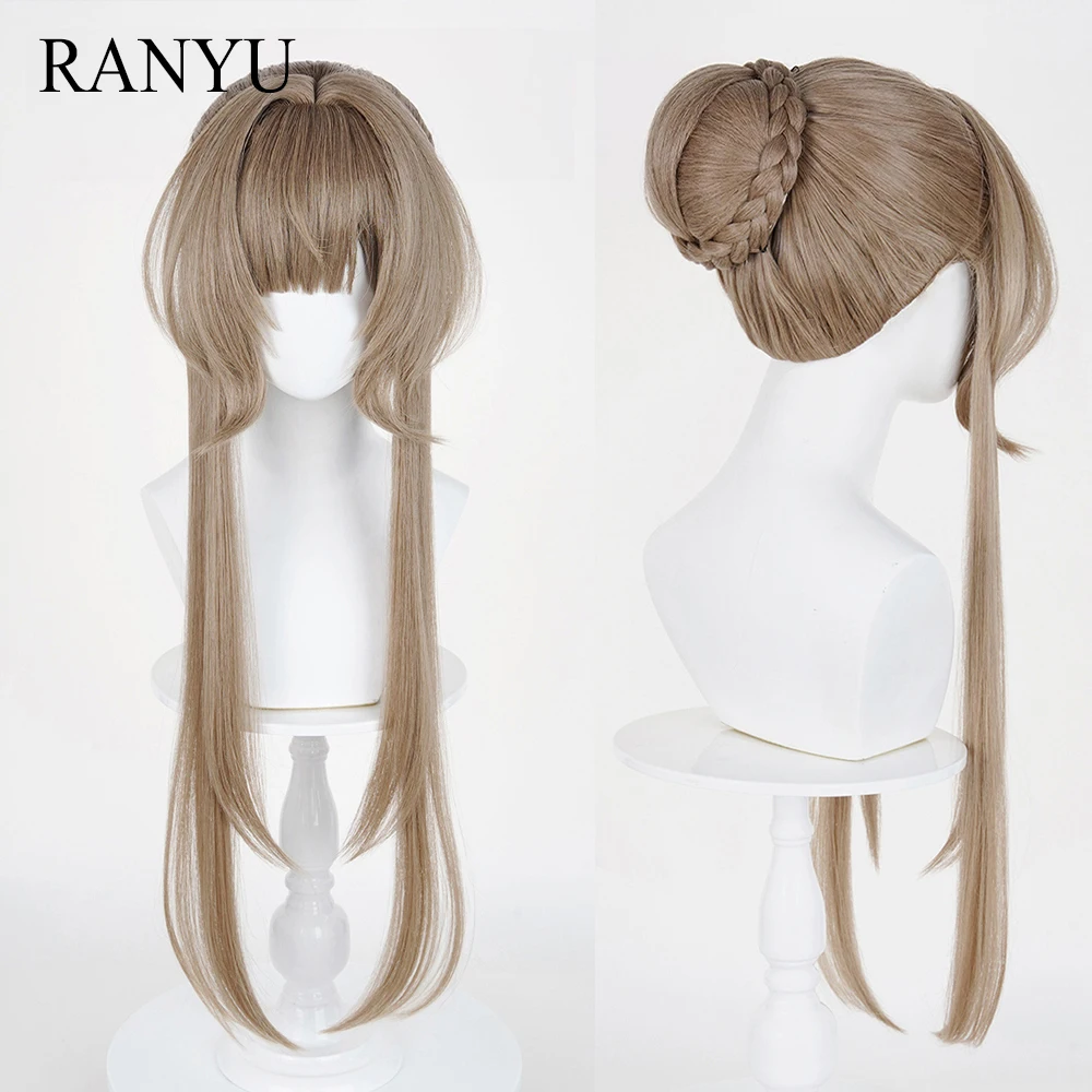 Flaxen Brown Synthetic Long Straight Wigs with Bangs Anime Game Cosplay with Bun Braided Chignon Wig for Daily Party