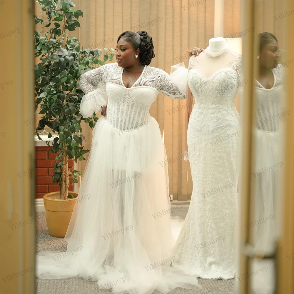 

Lace Bridal Robe Dress Full Sleeve High Split Straight Wedding Reception Dress For Black Bride Gowns Photography Customized