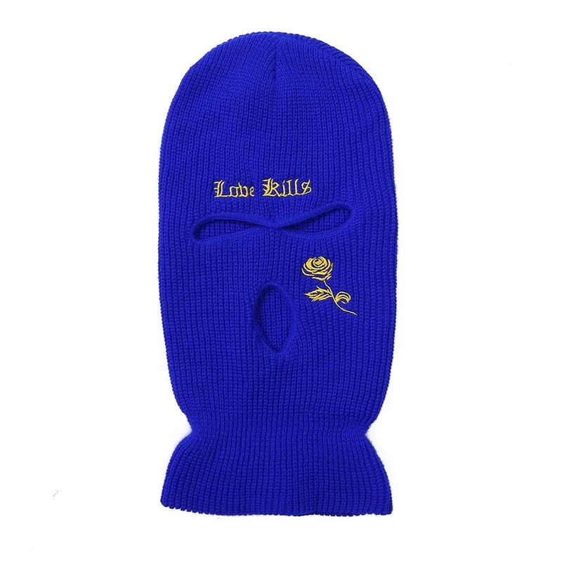 Rose Embroidery Three-hole Balaclava Knit Hat Army Tactical CS Winter Ski Riding Mask Beanie Prom Party Mask Warm Mask