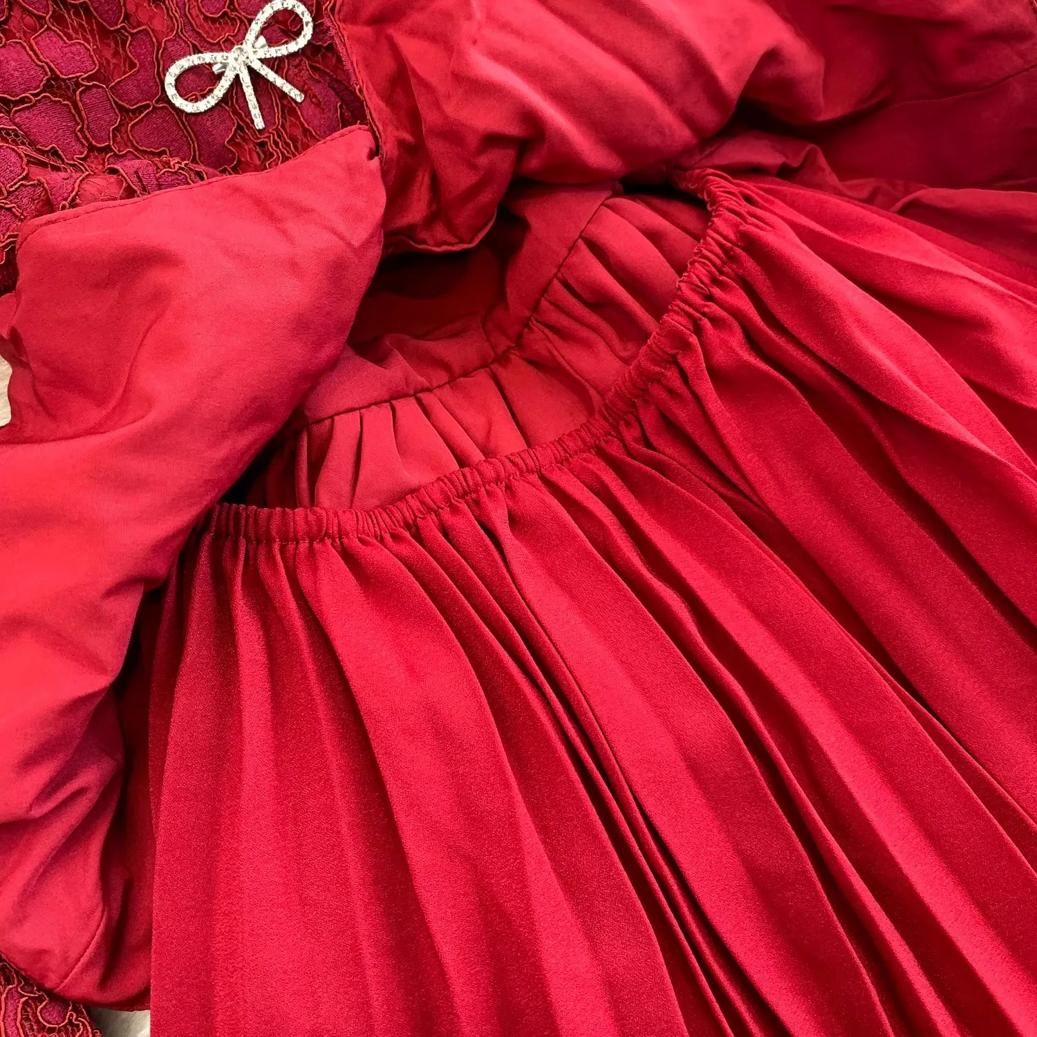 Runway Flower Embroidery Evening Prom Red Lace Patchwork Dress Autumn Women's Lapel Long Sleeve Beaded Bow Holiday Maxi Vestidos