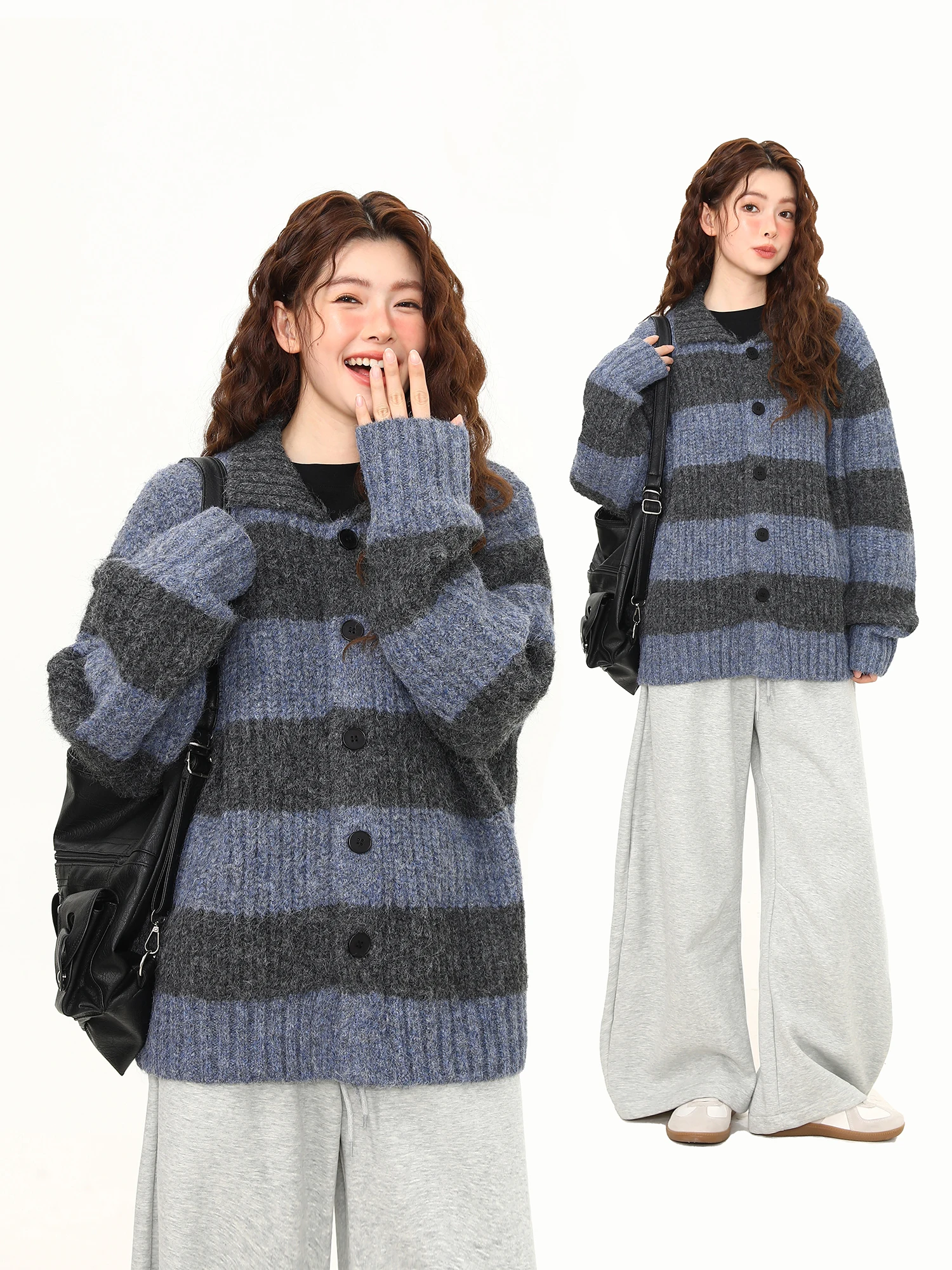 

Wild American Retro Striped Sweater Women's Open Cardigan Spring Autumn Lazy Sle Thiened Knitted Sweater Lazy Coat