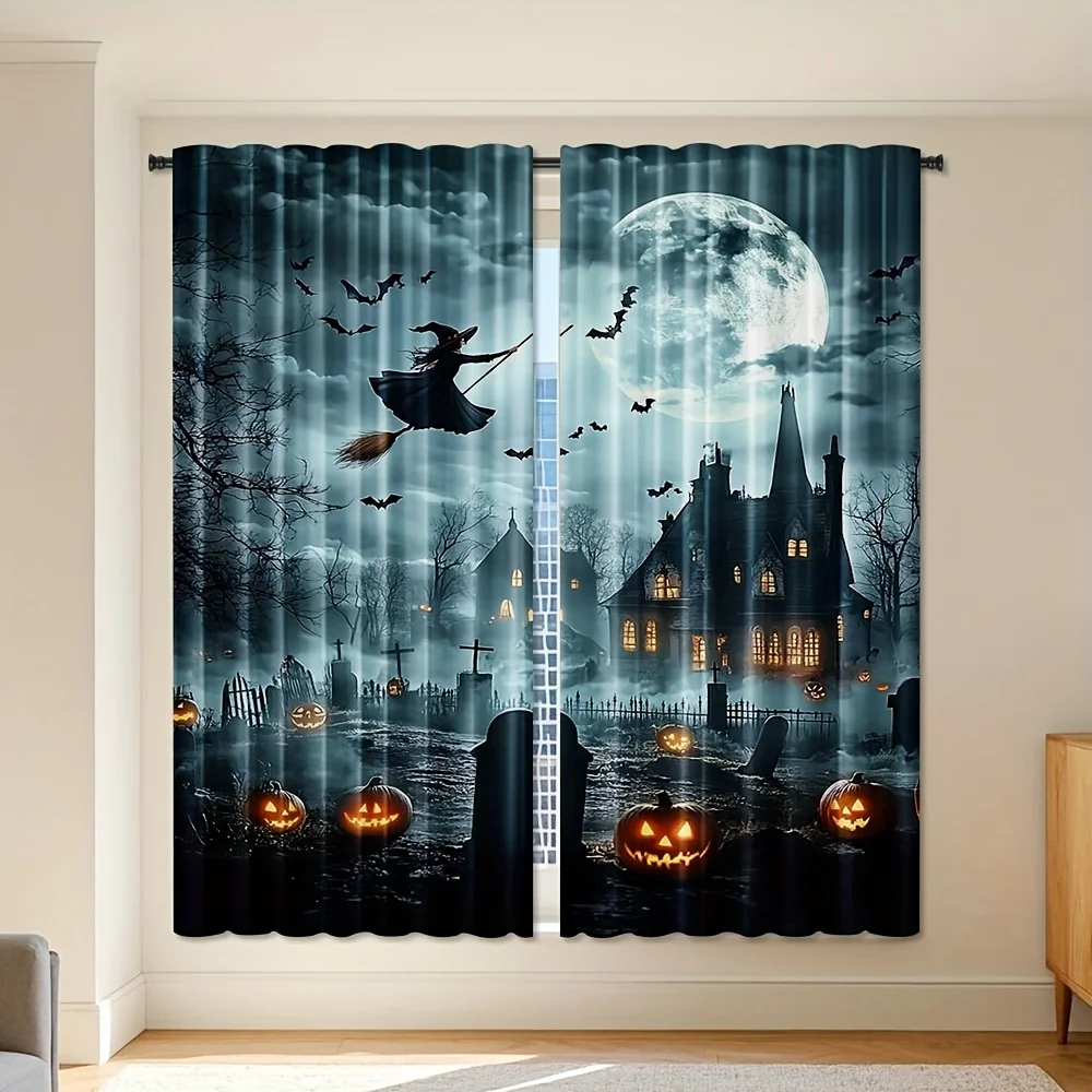 Dramatic Gothic Halloween Curtains Spooky Haunted Mansion Witch Full Moon Pumpkin Window Drapes Seasonal Decoration