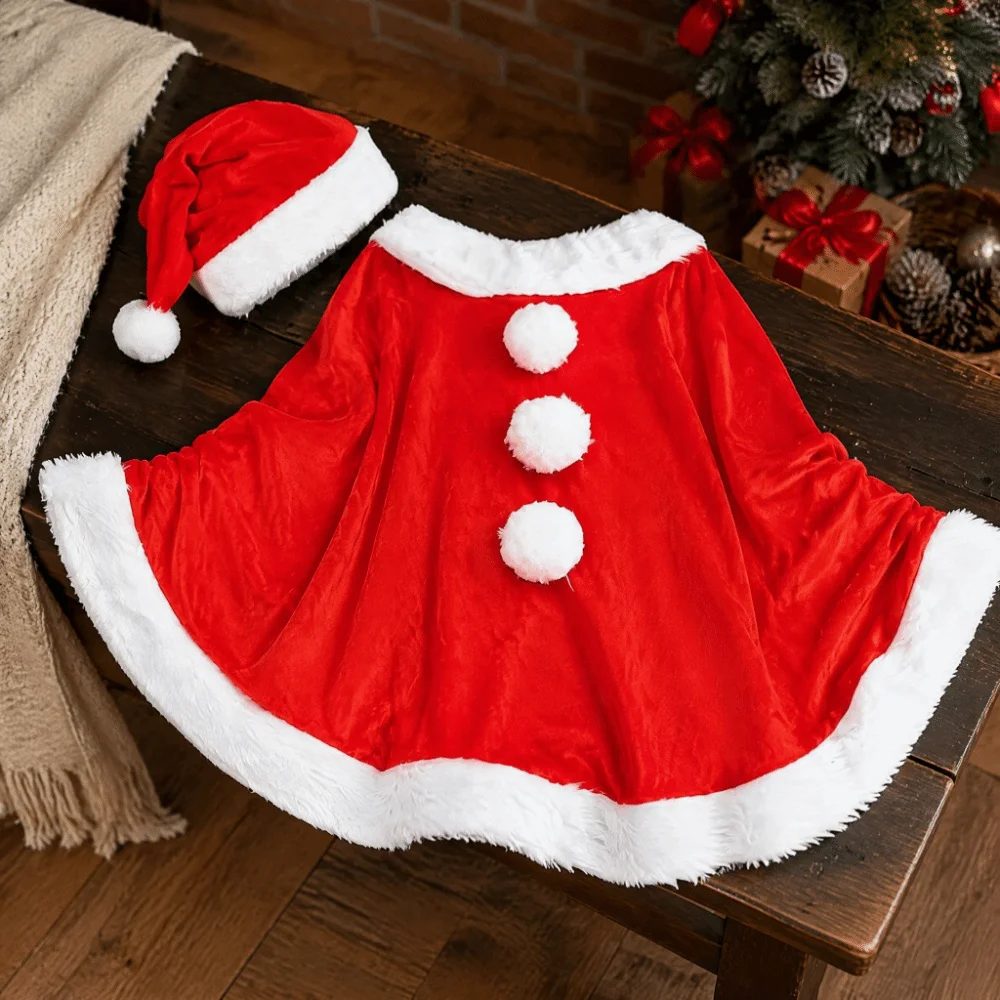 Fashion Polyester Christmas Cloak and Hat Plush Thick Xmas Cape Windproof Shawl Santa Claus Costume Kids