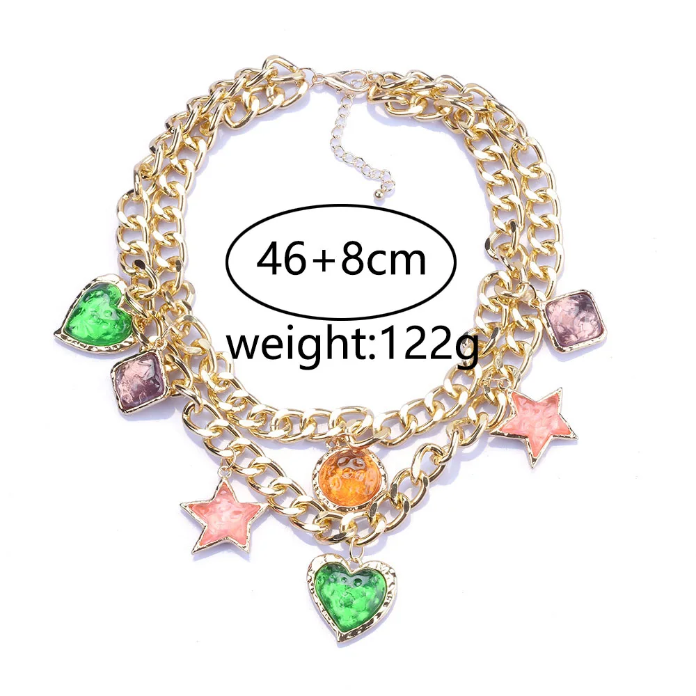 2024 New ZA Golden Metal Chains Link Choker Necklace With Charm Heart Star Pentants For Women Jewelry Vintage Statement Necklace