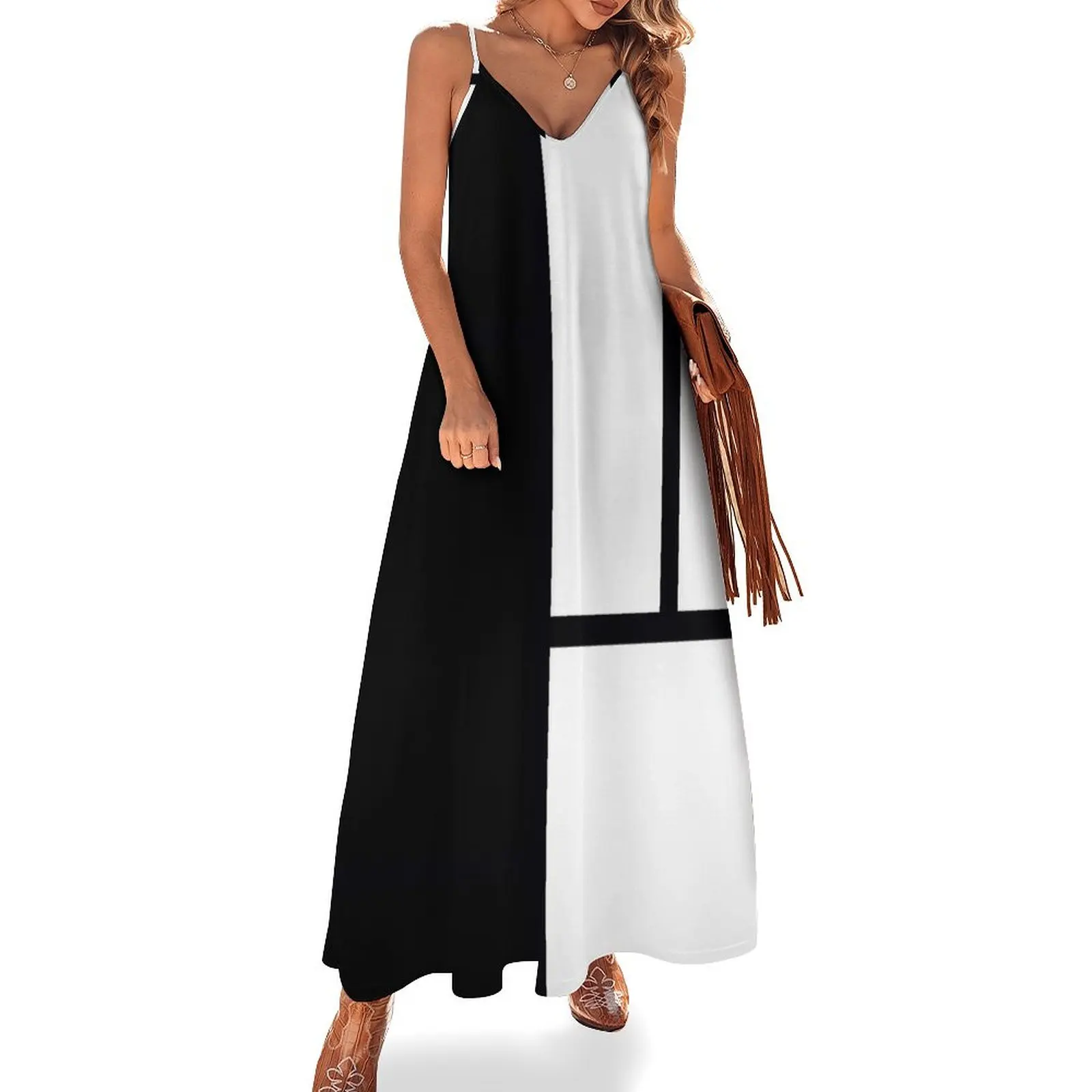

White and Black Color Block Sleeveless Dress party dress women elegant luxury birthday dress for women