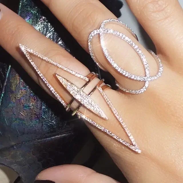 Micro Pave Clear Cz Full Finger Ring for Women Stacking Long Spike Chevron V Shape Cubic Zirconia Fashion Jewelry