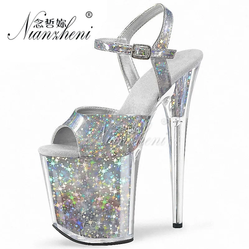 20cm Crystal Clear Platform Sandals High Heels 7 Inch US12 Big Size Glitter Cross Dressing Pole Dancing Stripper Bride Shoes