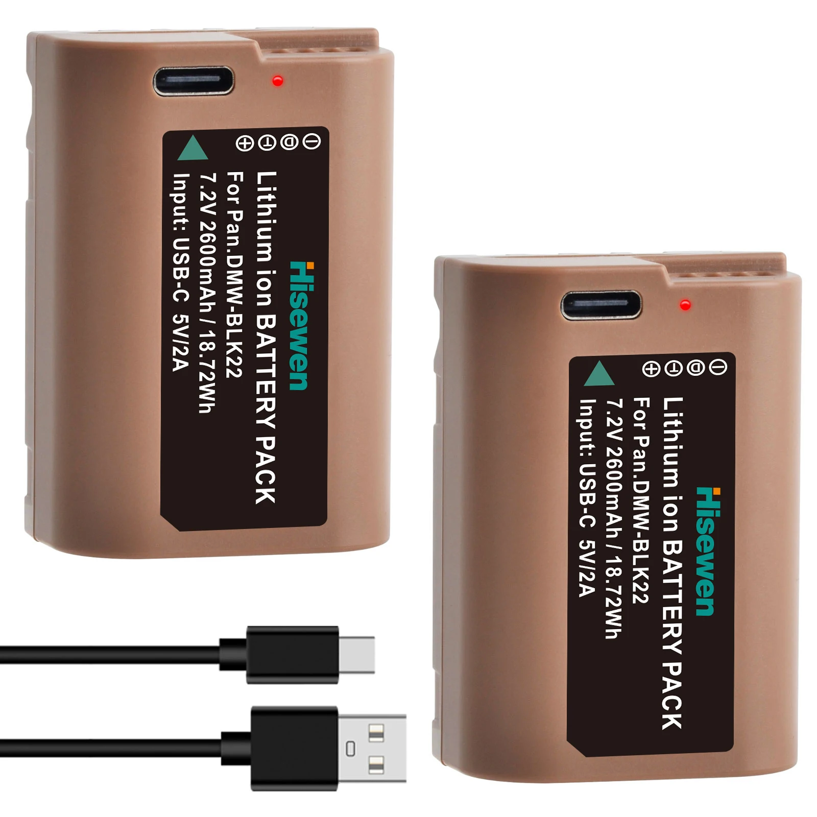Hisewen 2600mAh DMW-BLK22 DMW BLK22 Battery with USB-C Charging for Panasonic LUMIX DC-S5 II DC-S5 IIX GH5 II GH6 DC-GH5LK GH5S