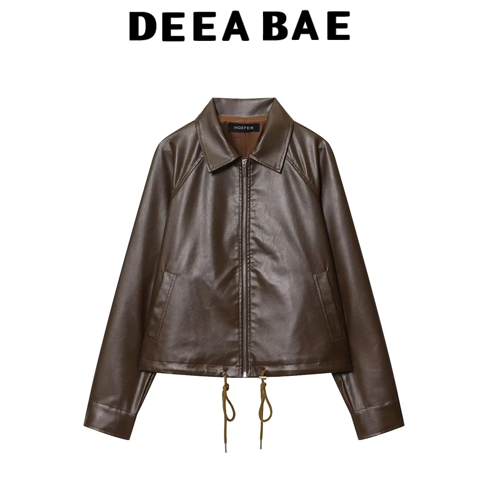 DEEABAE Jesienna Nowa Damska Europejsko-Amerykańska Kurtka ze Sznurkiem, Imitacja Skóry PU, Klapa, Zamek Błyskawiczny, Luźny Krój