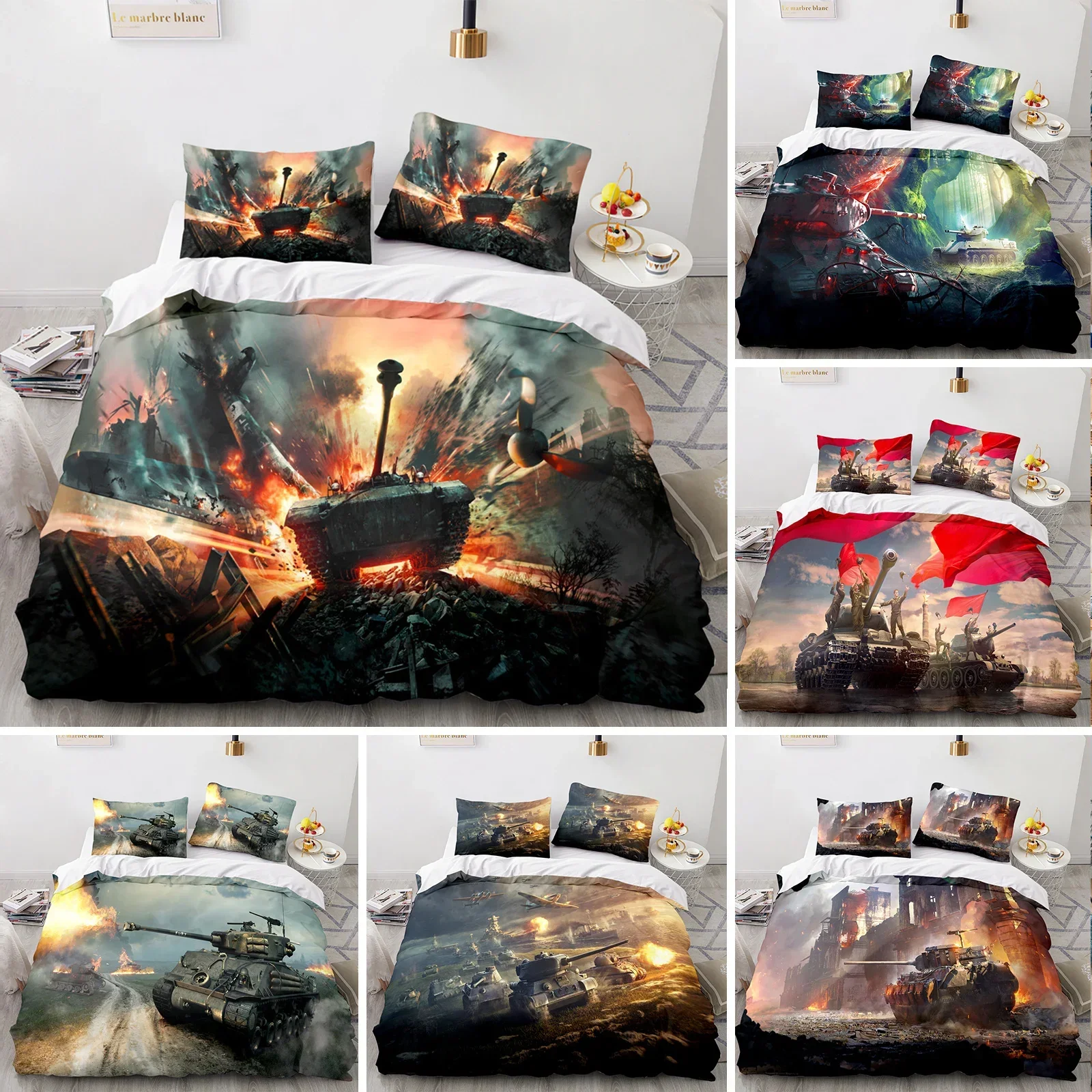 Armored Tank Duvet Cover Fighter Bedding Sets for Bedroom Decor Boys Teens Military Queen King Full Size Polyester Quilt Cover