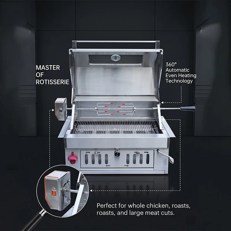 304 Stainless Steel BBQ Grill, 360 Degree Automatic Rotation, Charcoal Barbecue, Commercial Grade Outdoor Cooking Equipment