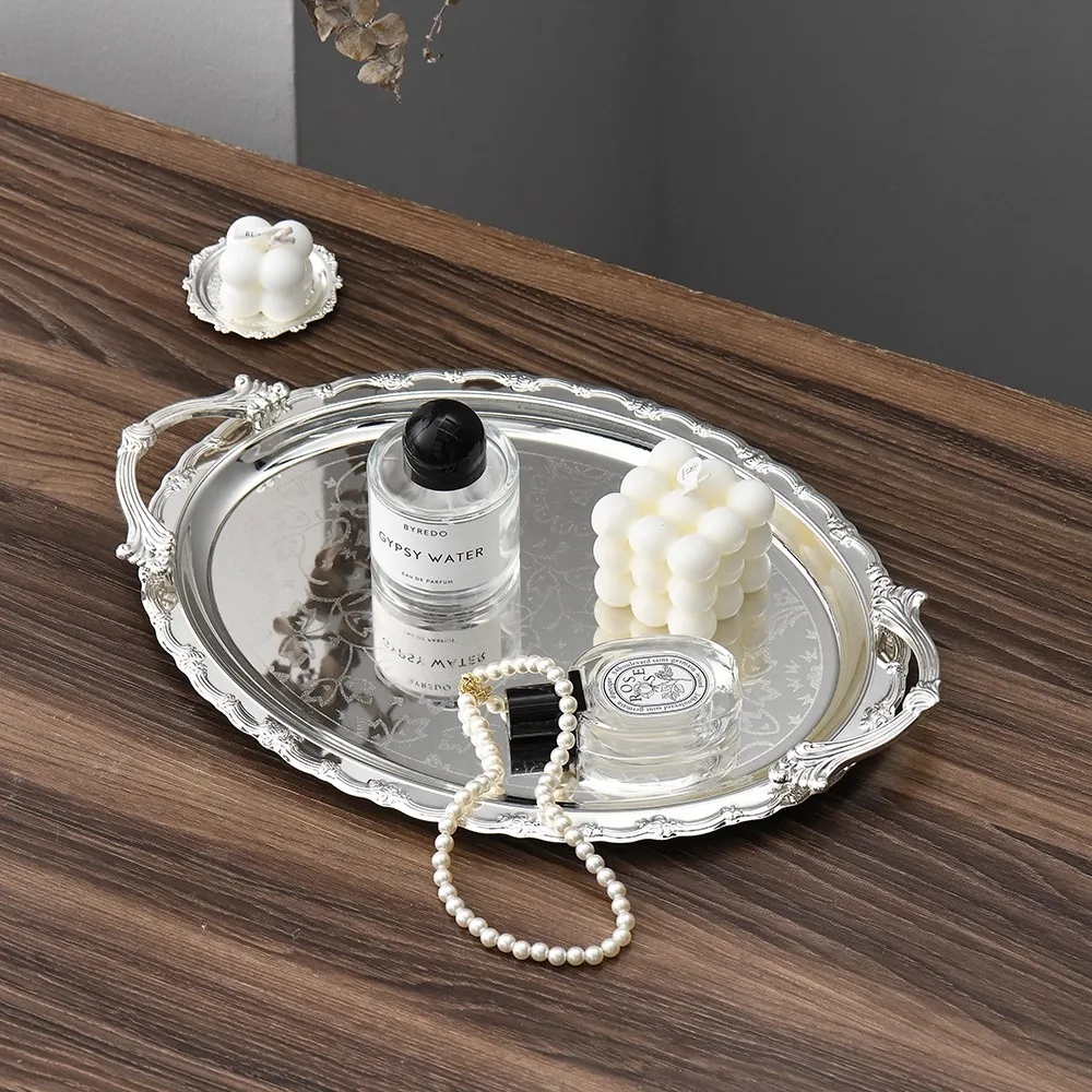New Vintage Silver Plated Fruit Cake Tray European Simple Style Home Hotel Dessert Plate Craft Work Jewelry Decorative Tray