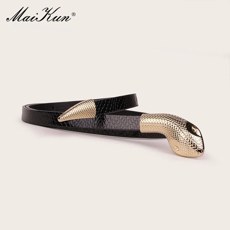 Maikun-Cinturón de piel sintética con hebilla de serpiente para mujer, cinturón con patrón de serpiente de charol de espejo negro, moda exquisita