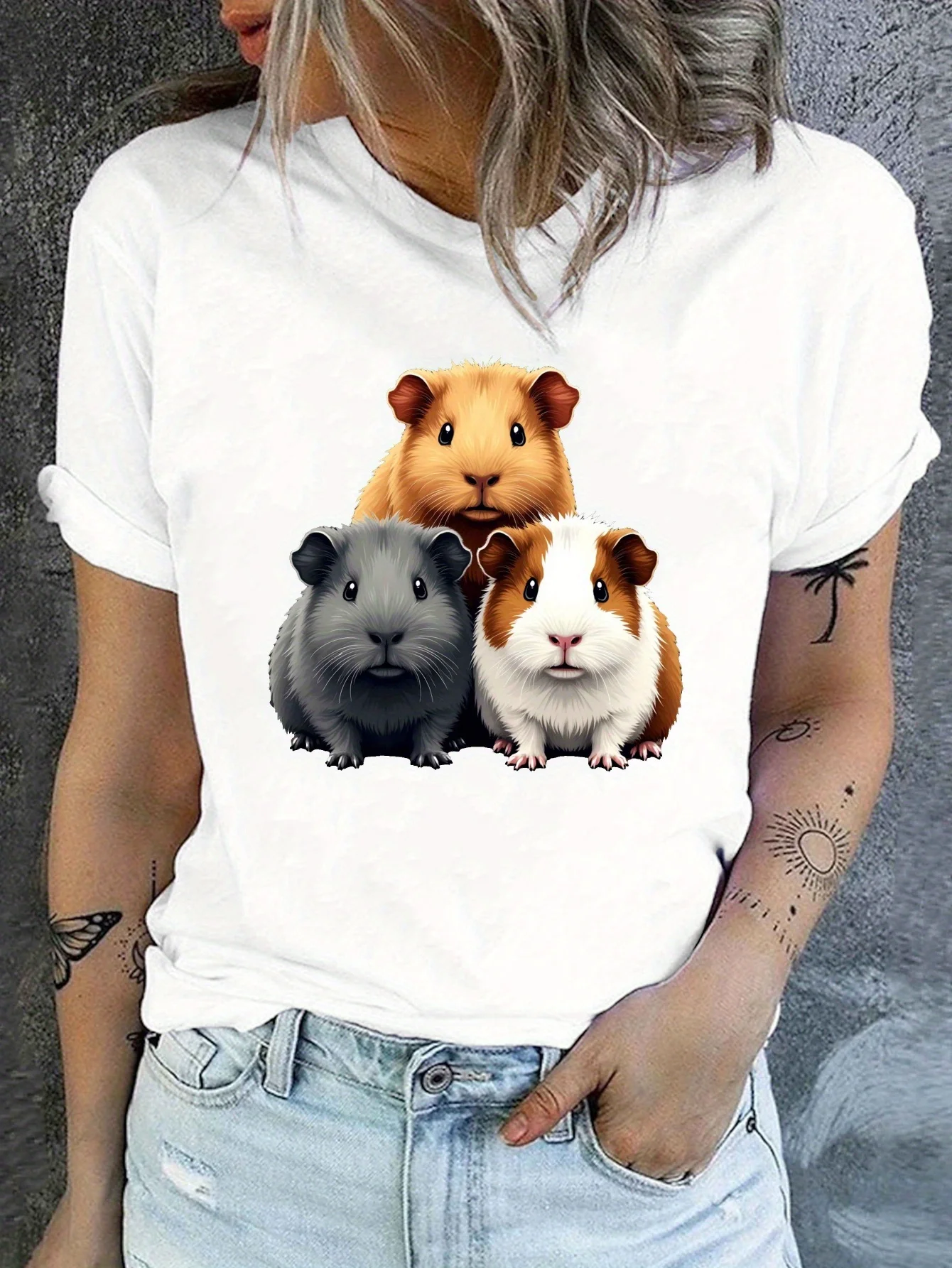 Camiseta con estampado juguetón para mujercamiseta negra con estampado de tres conejillos de indias camiseta de manga corta