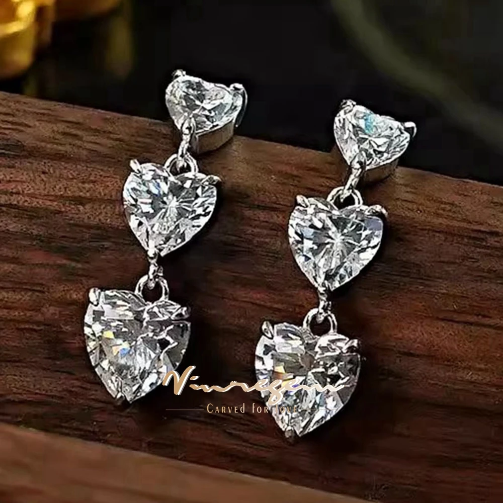 Vinregem 7*7 MM Heart Cut Lab Created Sapphire Gemstone Tassel Drop Earrings Studs 925 Sterling Silver Fine Jewelry Wholesale