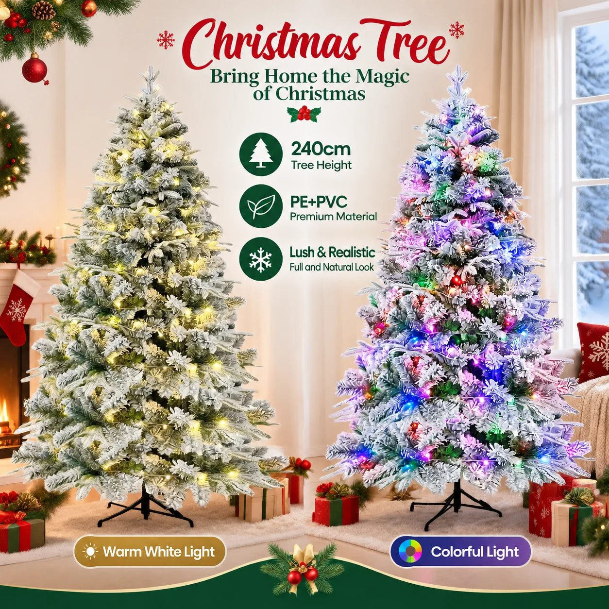 Snow Flocked PE PVC Artificial Christmas Tree USB LED Lights Detachable Quick Assemble Xmas Decor 120/150/180/210cm