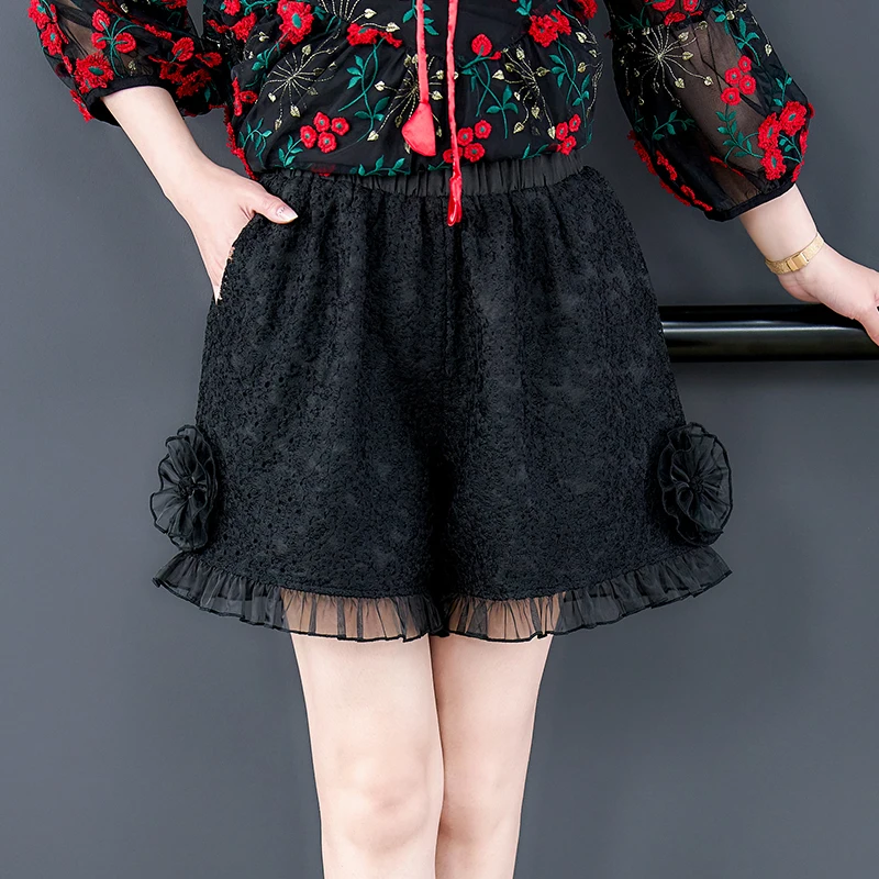 2023 Spring and Summer New Red Flower Embroidery Mesh Top Women's Doll Neck Loose Poached Dress Lace Long Shirt