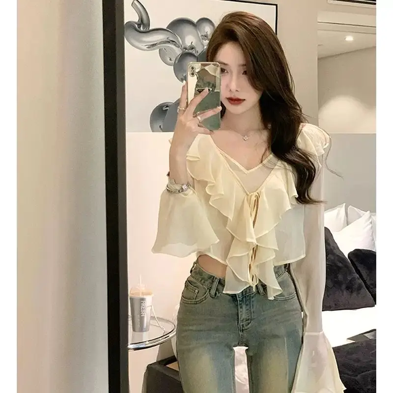 Ruffled Chiffon Women Cardigan Autumn New Arrival Korean Fashion Long Sleeve Casual Daily Basics Thin Cropped Cardigan Female