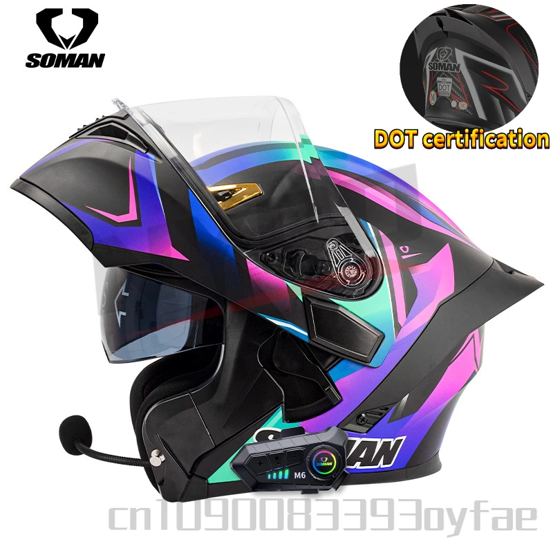 

Мотоциклетный шлем SOMAN для мужчин и женщин, шлем с откидной крышкой и двумя объективами, Высококачественная Bluetooth-гарнитура, Bluetooth-шлем 955-S
