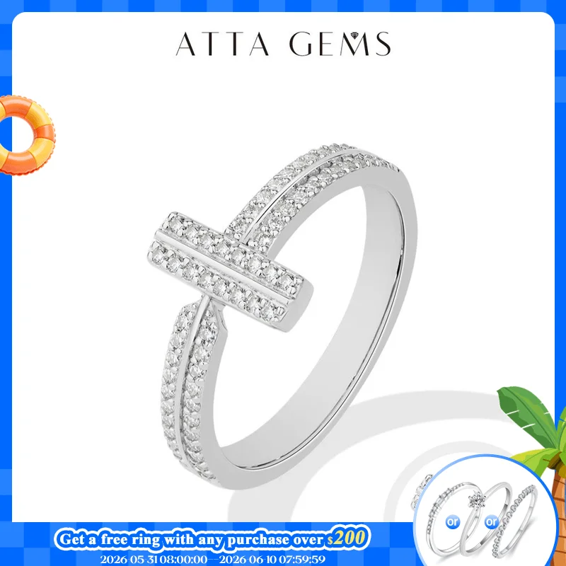 

ATTAGEMS 925 Sterling Silver Moissanite T-Bar Ring Double Band Paved Luxury Design Rings for Women Engagement Party Jewelry Gift