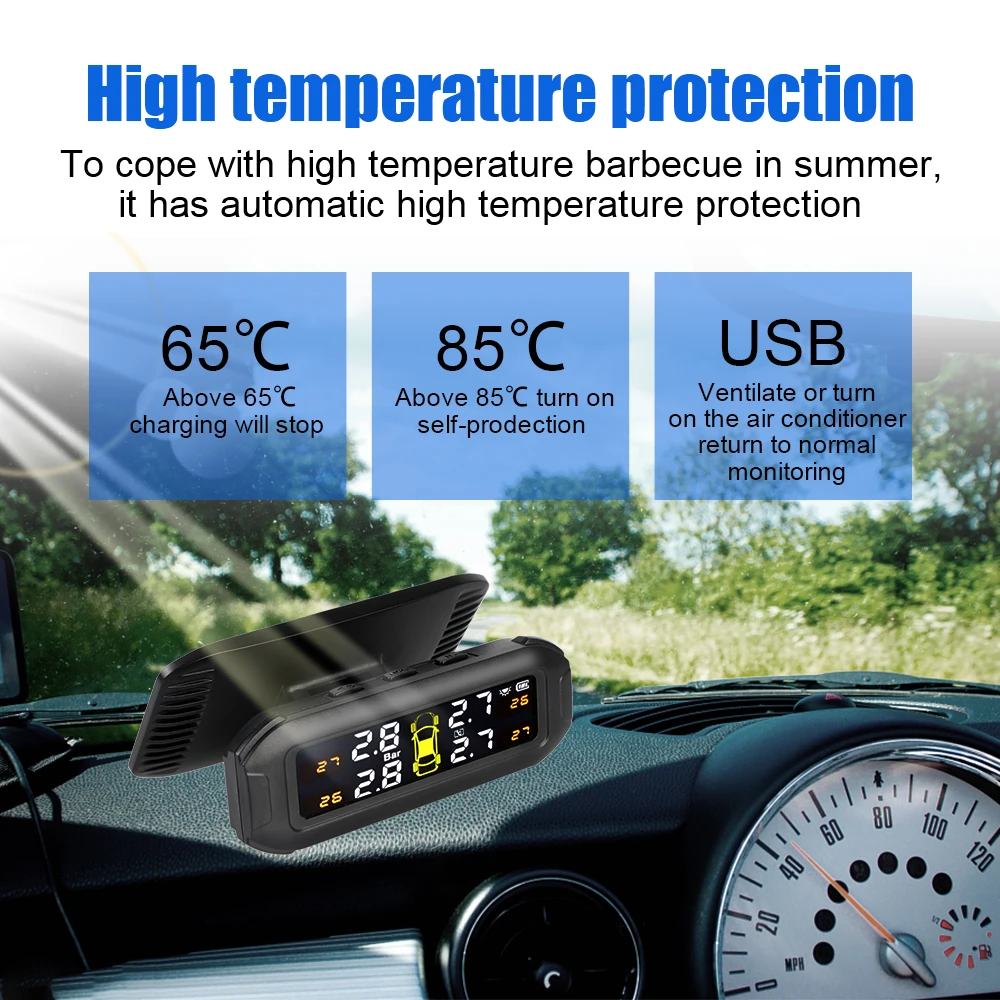 Solar TPMS Tire Pressure Monitoring System Car Tyre Pressure Monitor Temperature Warning Fuel Save With 4 External Sensors