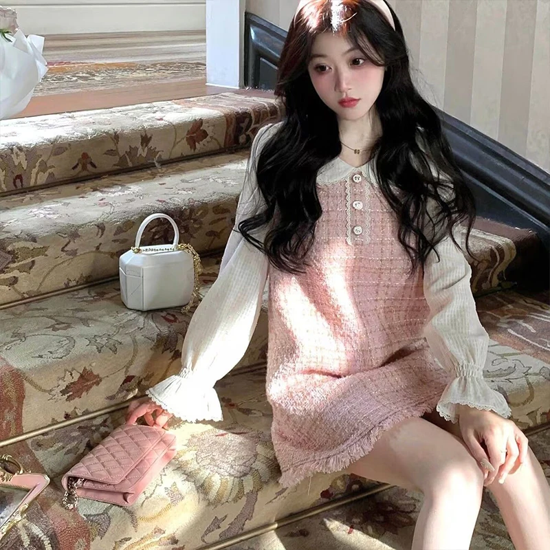 Korean Style Elegant Party Dresses for Women, Kawaii Sweet Skirt, Pink Tweed, Fake Two Set, Festival Outfit, Spring, Summer New,