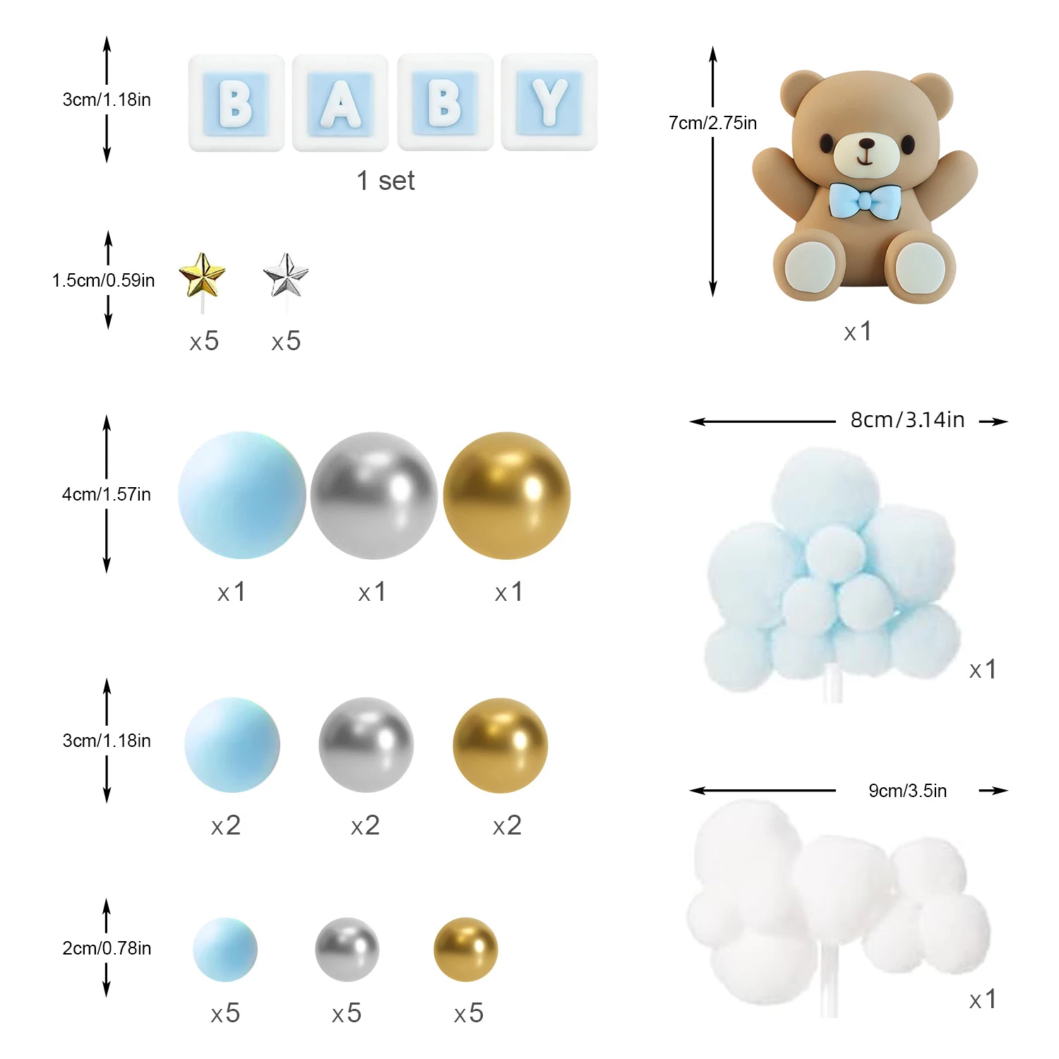 38Pcs Blue Bear Cake Decorations Teddy Bear Stars Clouds Gold Silver Foam Boy Girl Birthday Gender Reveal Party Cake Decoration