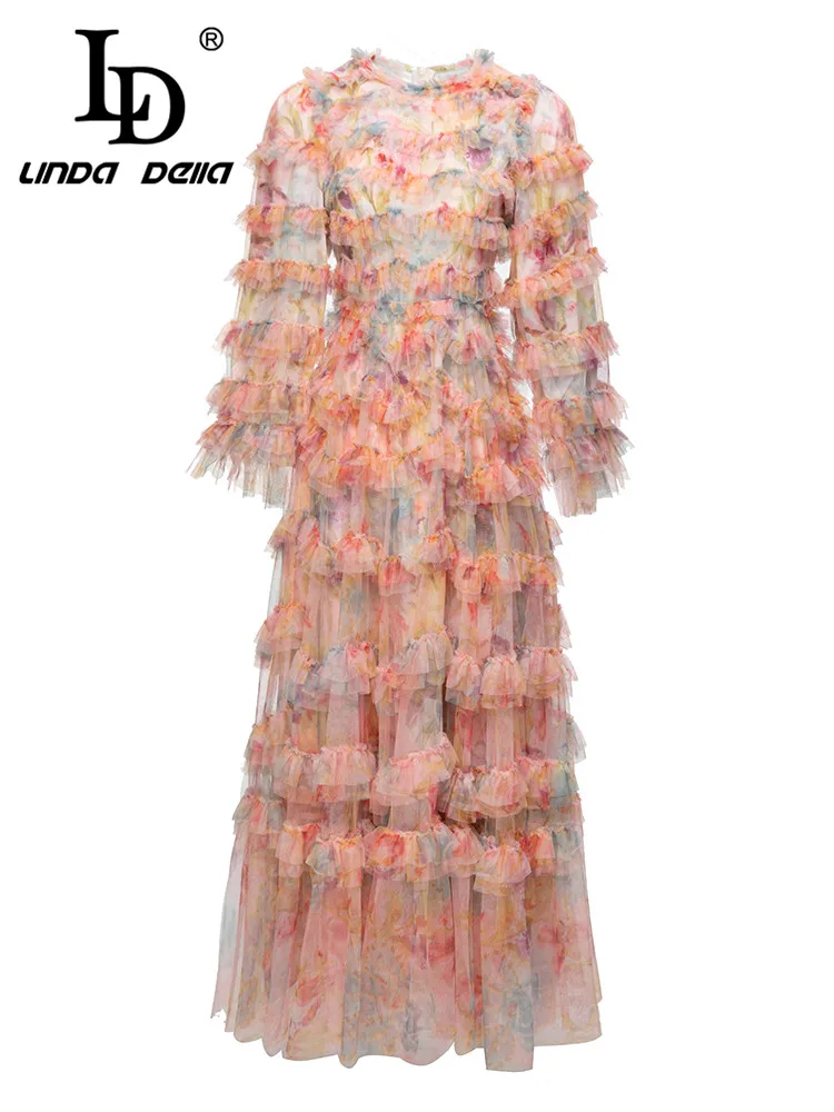 LD LINDA DELLA New Style  Extravagant Party Vintage Dress Women's Round Neck Flower Color High Waist Print Splice Lace Dress