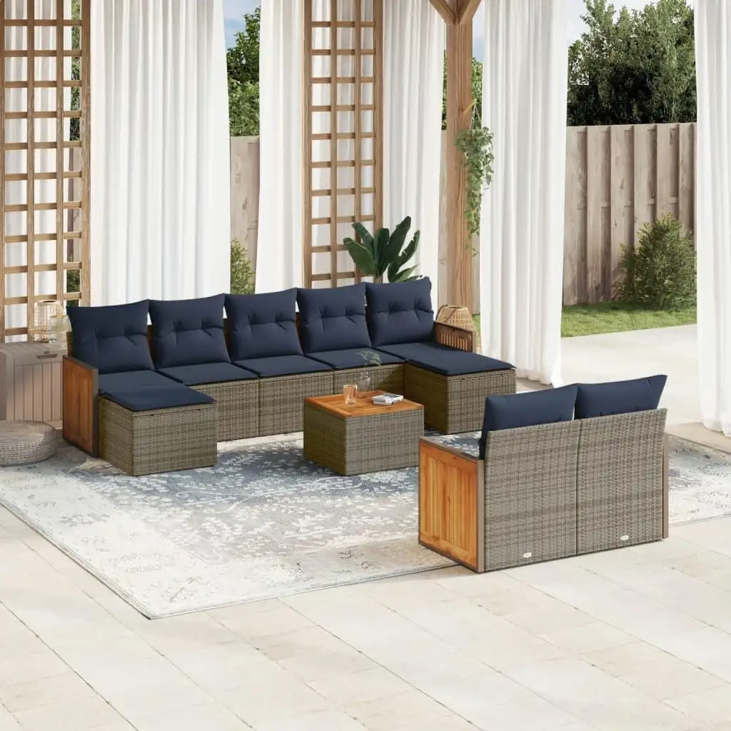 

10 Piece Outdoor Patio Sofa Set with Soft Cushions Gray Rattan Wicker Furniture for Garden Balcony and Porch