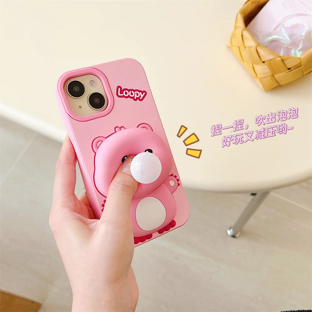 For iPhone 16 Pro Max 13 Pro 12 11 14 15 Pro Max 13 14 Play Loopy Press Spit Bubbles 3D Cartoon Rubber Silicon Soft Phone Case