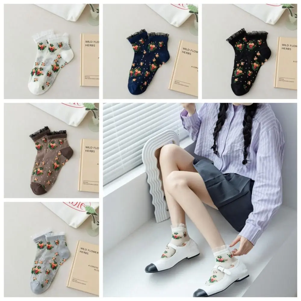 Floral Element Crystal Silk Socks Ultra-thin Sweat Absorbing Transparent Ankle Socks Anti-Friction Foot Mid-tube