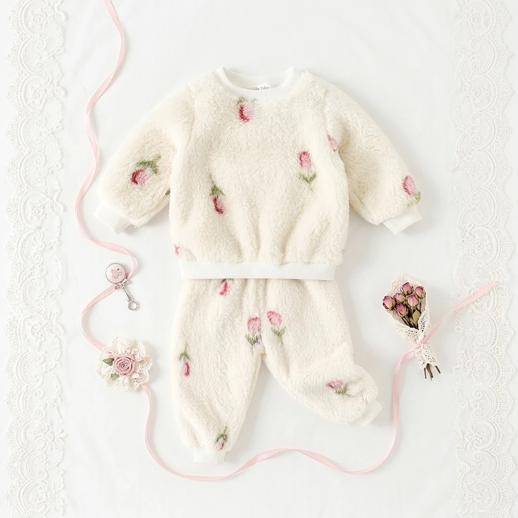 Winter Tops + Pants Little Kids Floral Fleece Thickened Cute Long Sleeve Clothing Baby Outfits Sets