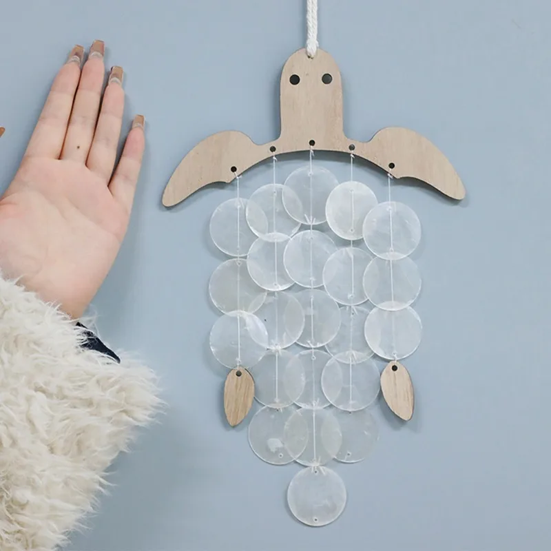 1pcs Wooden Marine Animal Capiz Shell Wind Chime Bohemian Coastal Wall Hanging Decor for Home Balcony Garden Beach Ornament Gift - view 6