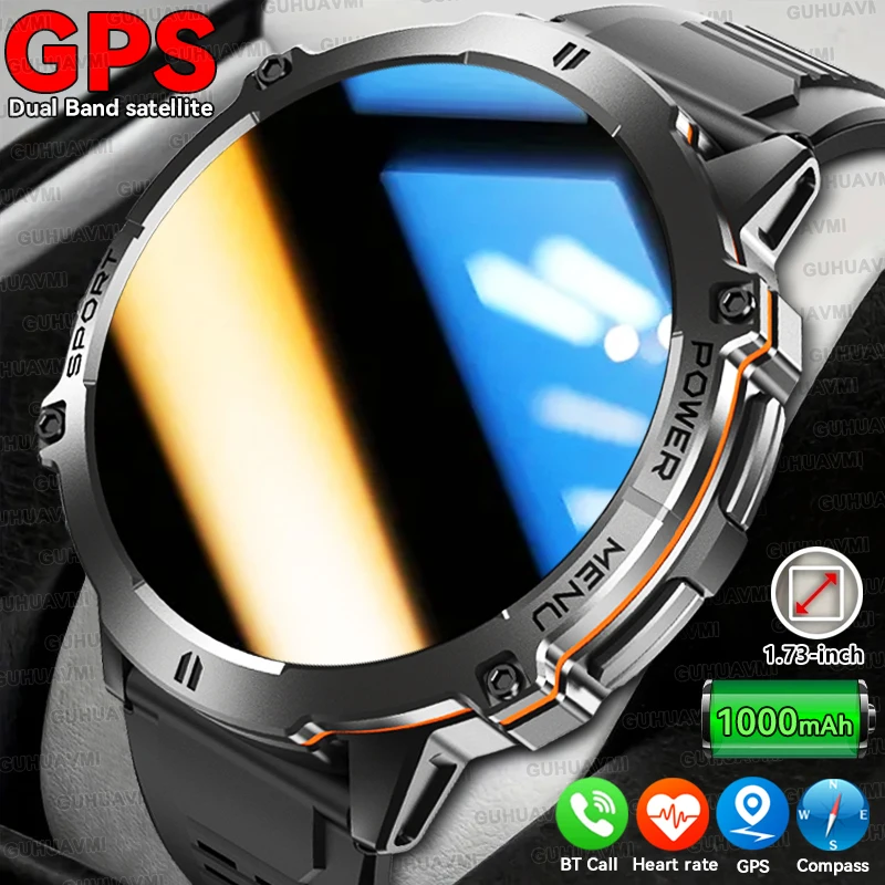 

2025 Новые уличные военные умные часы 1000 мАч для мужчин 1,73 "AMOLED-экран GPS трекер компас высотомер 10ATM водонепроницаемые умные часы