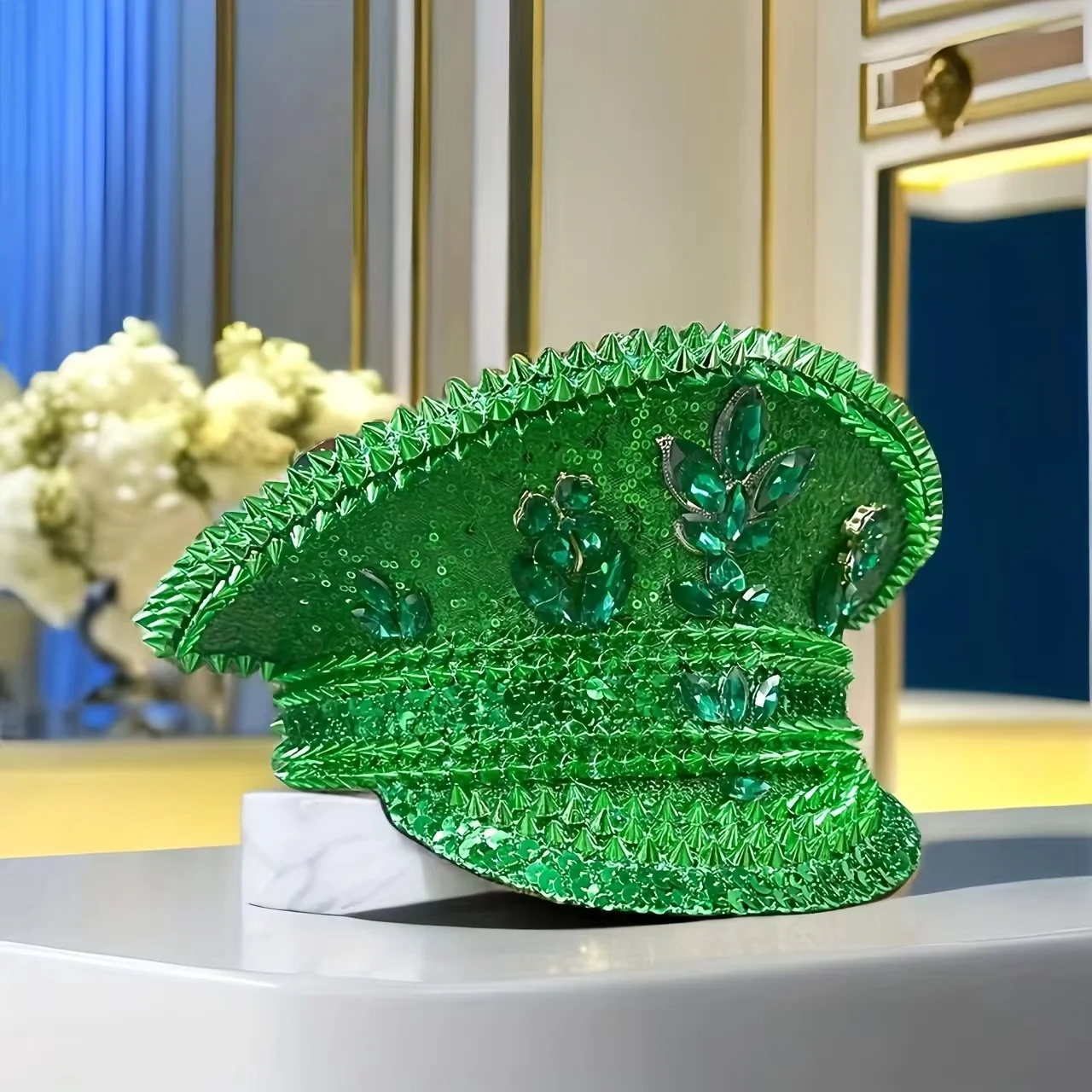 HongLuan Cappello da capitano con anello in pelle laser giallo con strass e berretti militari per donna, accessori per festival rave e berretto da festa da uomo