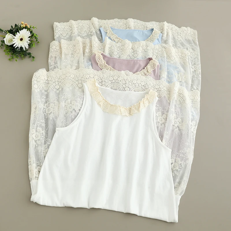 

Summer New Japanese Sweet Mori Girl Lace Flower Embroidery Patchwork Dress Women O-Neck Sleeveless Casual Loose Tank Dress