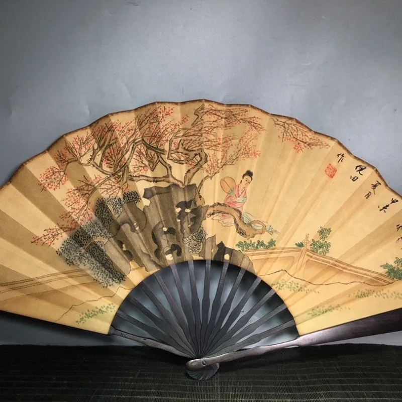 Vintage Chinese-style hand-painted sandalwood folding fan, fan face 61cm wide and 30cm long, Home Decor Style 8