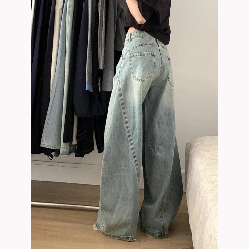 Y2K الأزرق المتعثرة الجينز النساء الخريف منحني سكين قطع فضفاضة واسعة الساق مستقيم سليم ممسحة السراويل