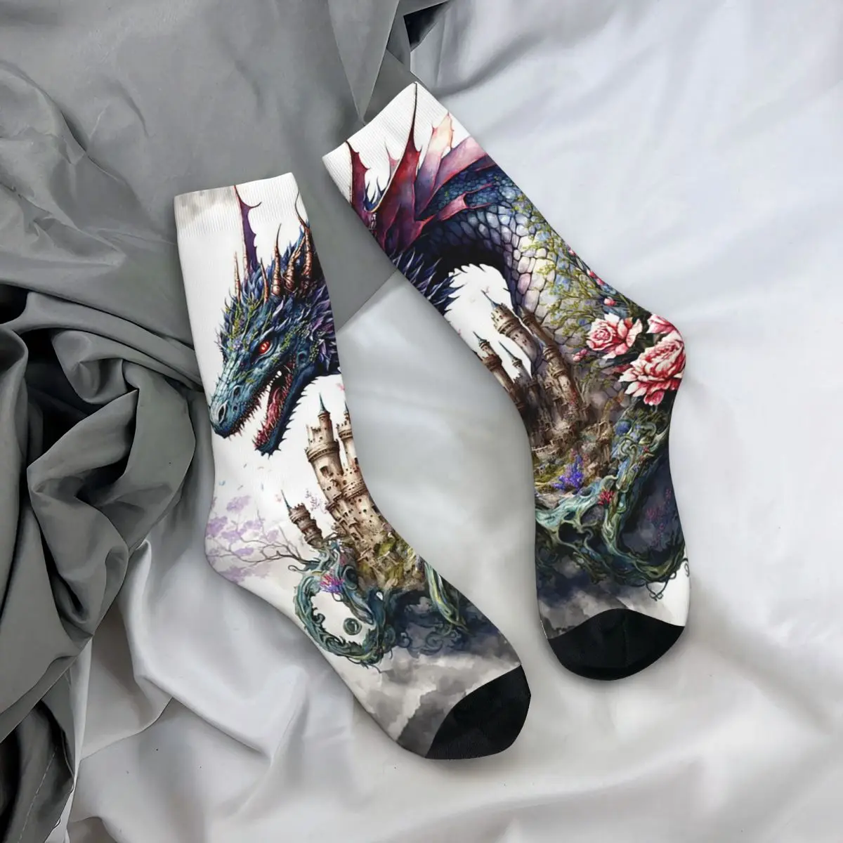

Носки на все случаи жизни с изображением дракона, готического замка и розы, забавные длинные носки для мужчин и женщин, подарки на День святого Валентина