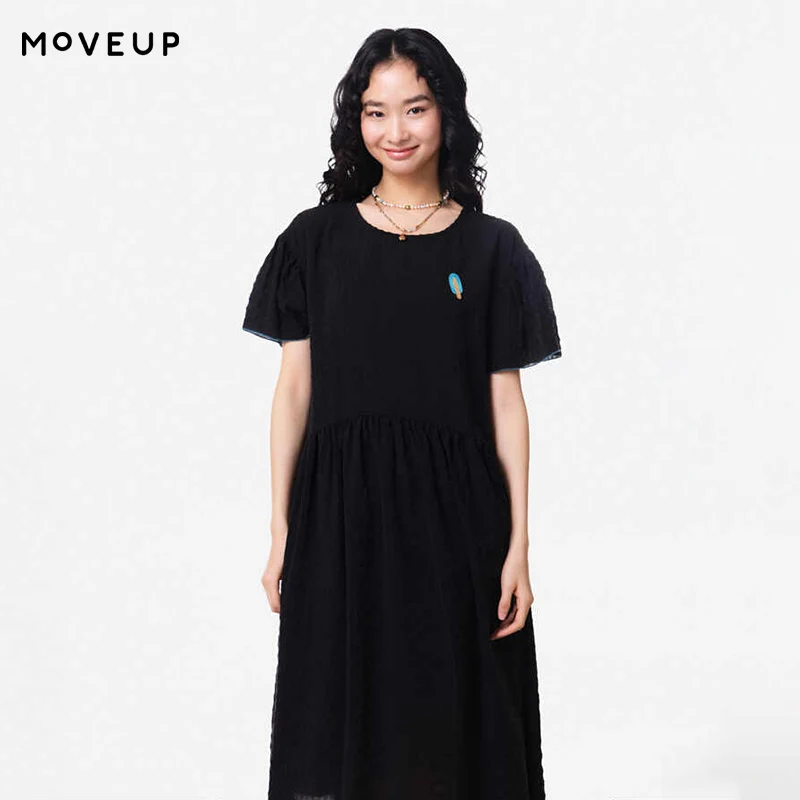 

MOVEUP Loose Round Neck Short Sleeves Dress 2026 Summer New Fun Embroidered Color Contrast Elegant A-Line Dress Women 3ELX21312