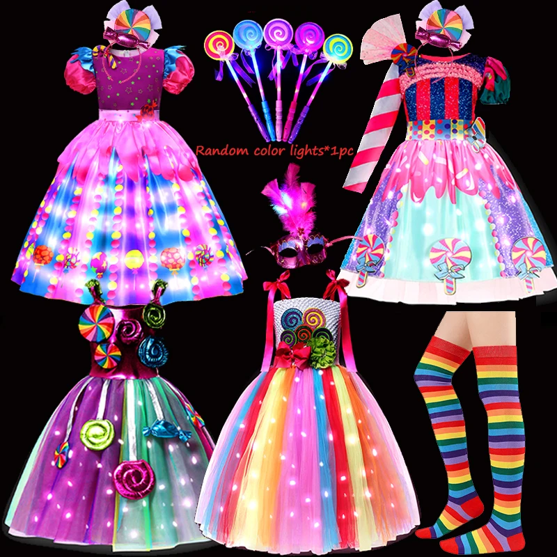 

LED Light Purim Disguise Lollipop Cosplay Costume Girls Candy Colorful Dress Carnival Birthday Party Gift for Girl with LED Mask