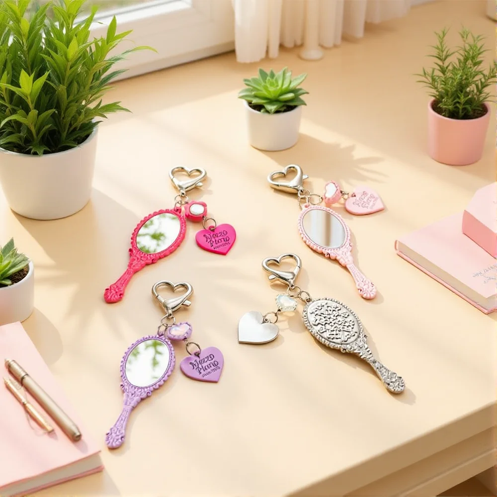 Exquisite Handheld Makeup Mirror Keychain Heart Shaped Key Buckle Car Pendant Bag Charms Hanging Key Ring Backpack Accessories