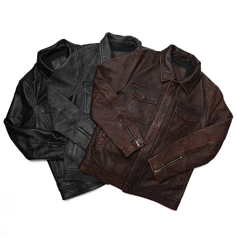 Classical Red Brown Vintage Genuine Leather Jacket Men 100% Natural Quality Cowhide Coat Male Slim Black Grey Jackets Clothes