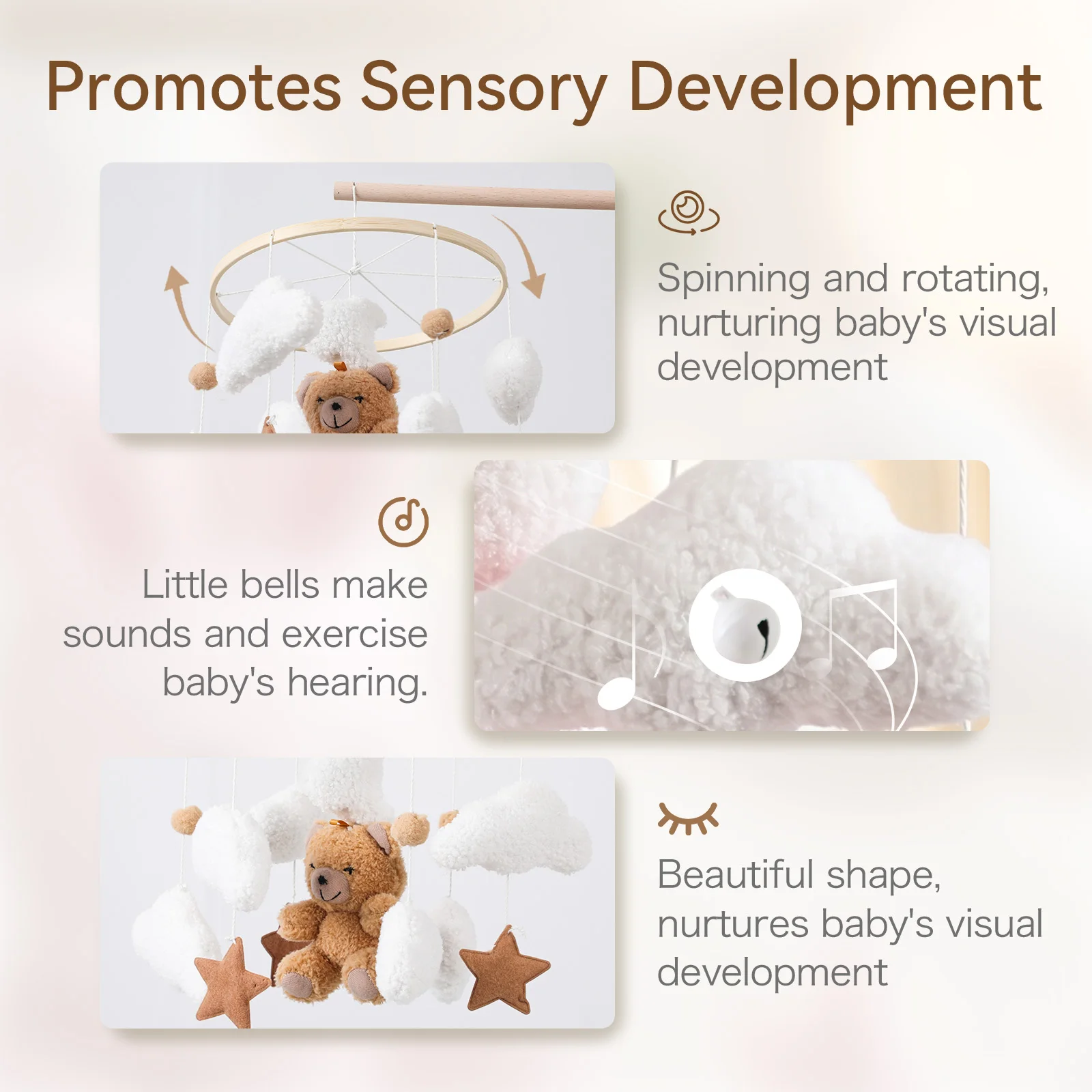 Wooden Crib Mobile Baby Bed Bell Rattle Toy Soft Felt Cartoon Bear Mobile Bracket Newborn Music Box Bed Bell Hanging Bracket Toy