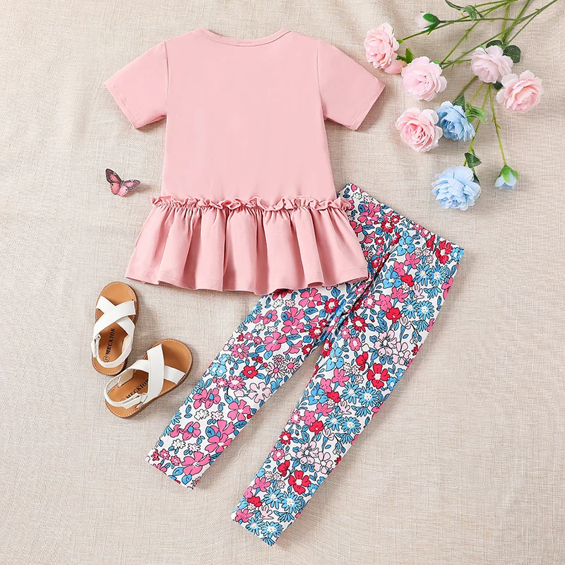 2pcs Set for Girls Summer Vacation with Cute Floral Prints, Knitted round Neck Short Sleeved T-shirt, Slim Fit Leggings