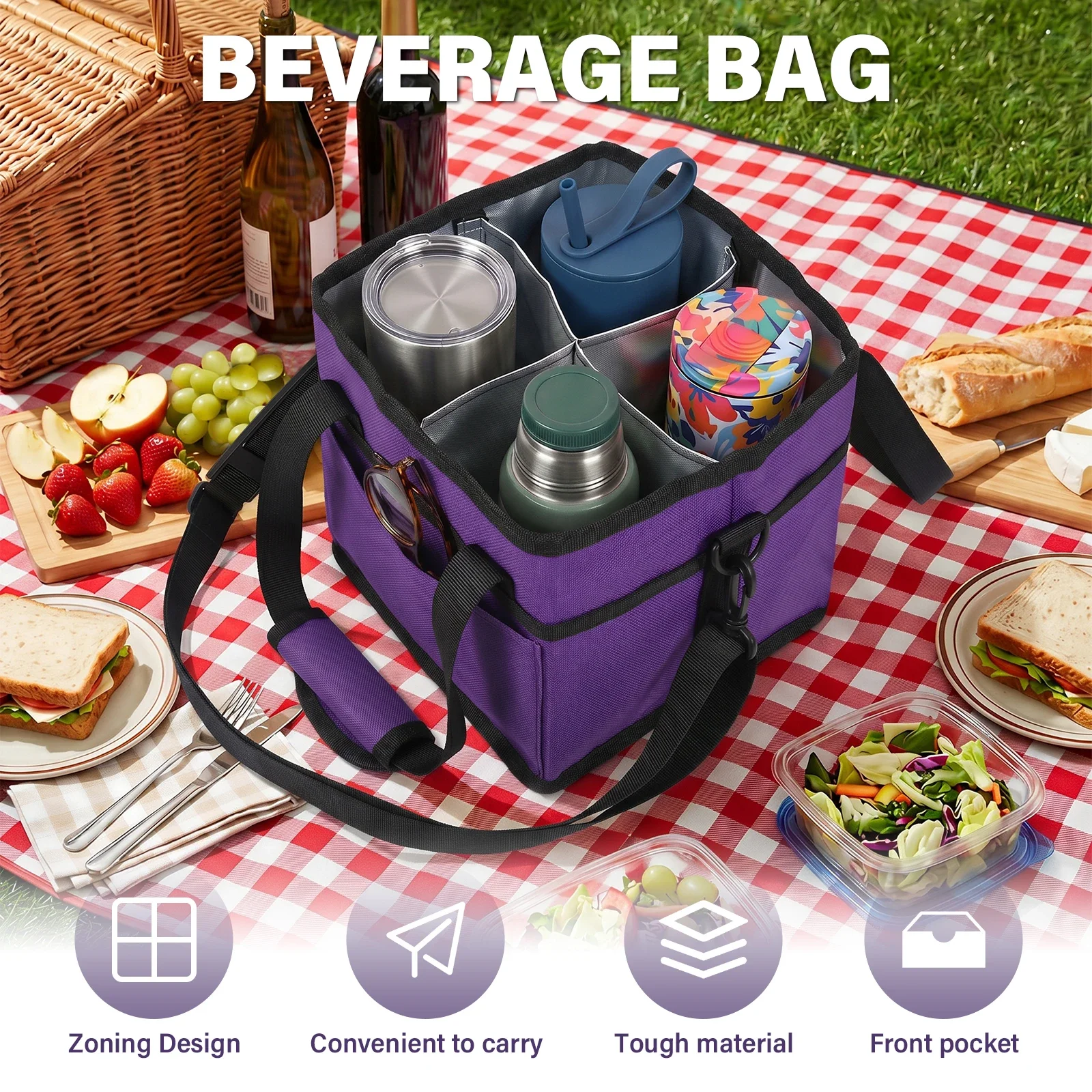 Insulated Beverage Bag 4 Compartment Water Bottle Cup Holder Outdoor Ice Pack Keep Cold Storage Bag Keep Lunch Warm Carrier