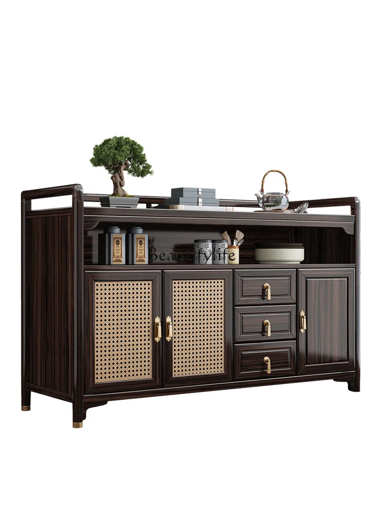 

New Chinese Style Solid Wood Storage Cabinet Ugyen Wood Wall Integrated Storage Rattan Storage Cabinet