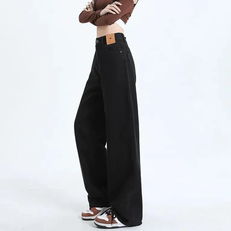 Pantalones vaqueros ajustados de cintura alta para mujer, pantalones vaqueros de pierna recta negros para niñas, pantalones vaqueros holgados coreanos clásicos para mujer