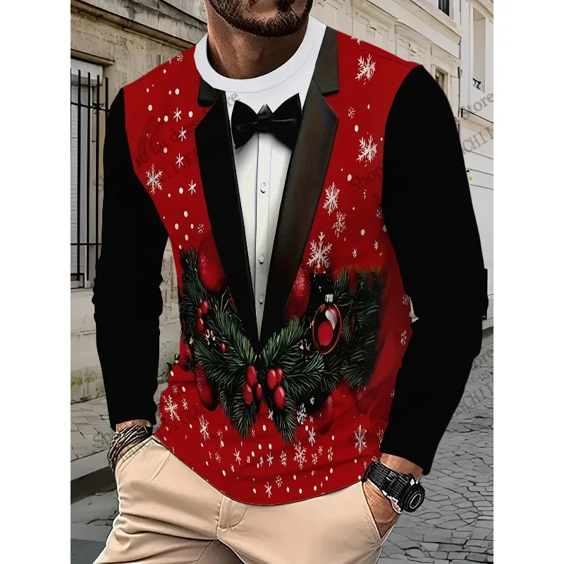 Funny Christmas Tree 3D Print Long Sleeve Christmas Fake Suit T-shirt Men Women Fashion New Year Oversized Tops Tees Men Clothes